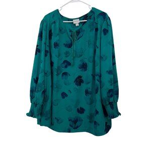 Ava & Viv Womens Teal Floral Print Long Sleeve Blouse 3X Lightweight Boho Style
